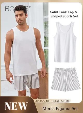 2Pcs Pure Cotton Pajamas Suit for Men H Type Round Neck Sleeveless Vest and Comfortable Loose Shorts Mens Summer Letter Pattern Soft Skin-Friendly Pyjama Set Suitable for Boyfriend Husband Dad Son 
