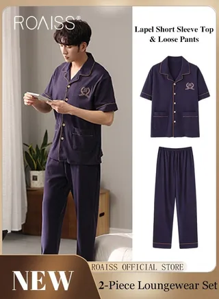 2-Piece Pajama Set Men's Cotton Short Sleeved Lapel Collar T-Shirt Long Pants Sets Solid Color Sleepwear Nightgown Male Loose Spring Summer Thin Loungewear Home Clothes 