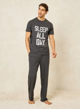 Slogan Print Crew Neck T-Shirt & Open Hem Pyjama Set