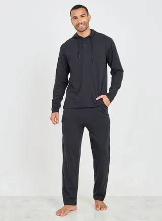 Solid Long Sleeve Hooded T- shirt and Pyjama Sleep Set 