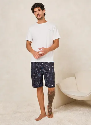 Solid Crew Neck T-Shirt & Galaxy Print Shorts Set
