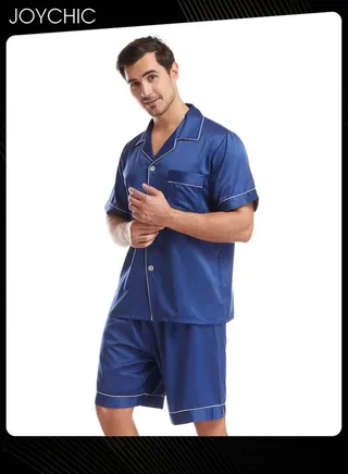 Solid Color Men's Casual Short-sleeved Pajama Set Summer Comfy Matte Satin Lapels Button Front Home Nightwear Large Size Blue 