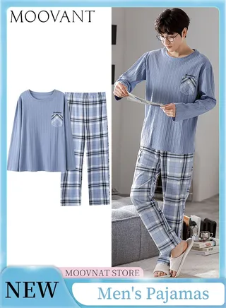 2-Piece Men's Long-sleveed Pajamas Set Simple Long Sleepwear Suit Soft Skin-friendly Home Men Pyjamas Set Loose Comfortable Loungewear Light Blue 