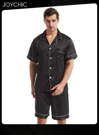 Solid Color Men's Casual Short-sleeved Pajama Set Summer Comfy Matte Satin Lapels Button Front Home Nightwear Large Size Black 