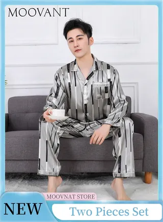 2-Piece Pajamas Set Casual Unisex Silk Satin Long Sleeve Pants Suit Sleepwear Fashion Striped Home Wear Clothes Loungewear Grey 