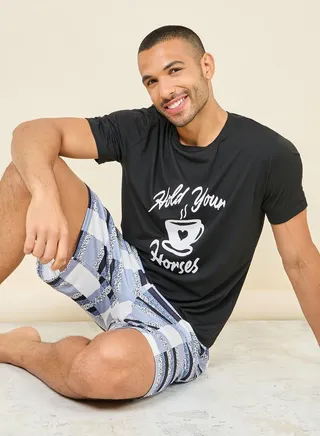 Coffee Slogan Print Crew Neck T-shirt and Check Short Set 