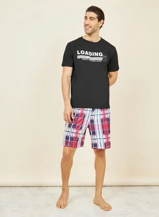 Loading Print Crew Neck T-Shirt and Checkered Short Set 