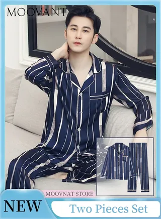 2-Piece Pajamas Set Casual Unisex Silk Satin Long Sleeve Pants Suit Sleepwear Fashion Striped Home Wear Clothes Loungewear Deep Blue 