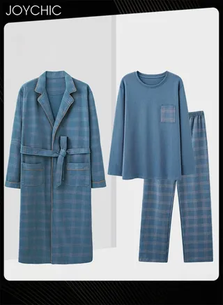 3-piece Classic Solid Pattern Pajamas for Men Autumn and Winter Casual Pure Cotton Long-sleeved Pullover Sleepwear+Sleep Robe+Trouser Suit Windproof Warm Youth Bedroom Loungewear Blue 