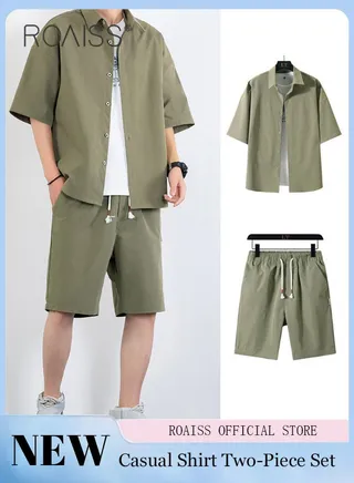 2-Piece Men'S Shirt Set Casual Loose Fitting Short Sleeved Shirt Top Wide-Leg Shorts With Elasticated Drawstring Waist 