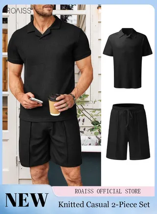 2-Piece Men'S Waffle Suit Classic Polo Neck Short Sleeve Pullover Top Drawstring Buckle Casual Shorts 
