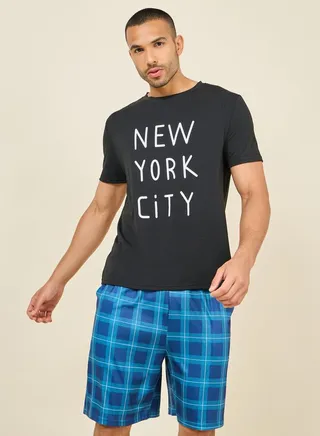 New York City Print Crew Neck T-shirt and Checkered Short Set 
