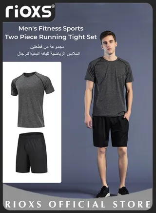 Men's Fitness Sports Two Piece Running Tight Set Short Sleeve and Shorts Quick Dry Tights Training Set for Fitness Gym Sports 