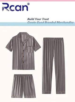 3 Piece Men's Silk Satin Pajamas Vintage Jacquard Stripes Lapel Short Sleeves Sleepwear Home Shirt Top and Pants Set Plus Size for Indoor and Outdoor 