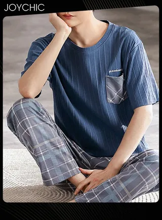 Men's Spring and Summer Pure Cotton Home Loungewear Short-sleeved Lattice Trousers Suit Youth Comfty Breathable Pullover Pajamas Set with High Stretch 