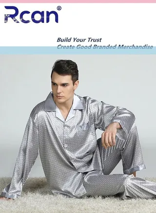 2 Piece Men's Silk Satin Pajamas Vintage Print Lapel Long Sleeves Sleepwear Home Shirt Top and Pants Set for Indoor and Outdoor 