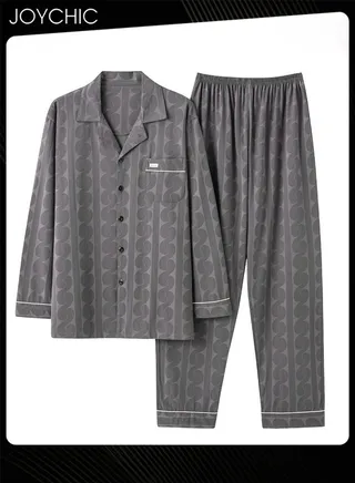 2-piece of  Men's Lapel Pajamas Set Spring and Autumn Winter Pure Cotton Skin-friendly Breathable Sleepwear Long-sleeved Homewear with Pockets 