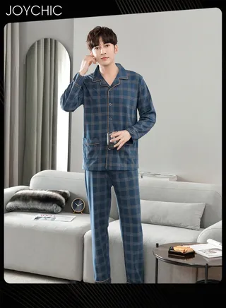2-piece of Solid Color Lattice Men's Lapel Pajamas Spring and Autumn Winter Pure Cotton Breathable Long-sleeved Homewear with Pockets Blue 