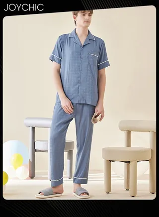 Modern Style Summer Ice Silk Short-sleeved Long Pants Pajama Set Comfty Breathable Men's Home Clothes Button Front Bedroom Sleepwear Blue 