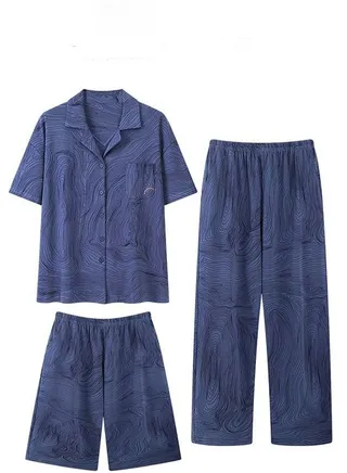 3-Piece Men's Pajama Set T-Shirt Cotton Short Sleeved Short Pants  And Long Pants Sets  Sleepwear Nightgown Male Loose Spring Summer Thin Loungewear Home Clothes Blue 