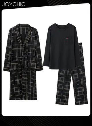 3-piece Classic Solid Pattern Pajamas for Men Autumn and Winter Casual Pure Cotton Long-sleeved Pullover Sleepwear+Sleep Robe+Trouser Suit Windproof Warm Youth Bedroom Loungewear Black 