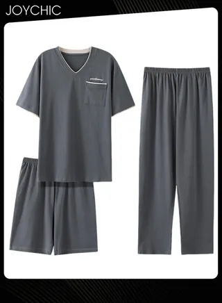 3-piece Classic Spring and Autumn Pajamas Set for Men Modal Skin-friendly Short-sleeved Trousers Sleepwear Cotton Silk V Neck Home Clothes with Pockets Grey 