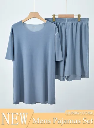 Men's 2pcs Pajama Set Short Sleeve Nightgown Sleepwear Breathable Loungewear Comfortable Round Neck Nightwear Summer Home Wear 
