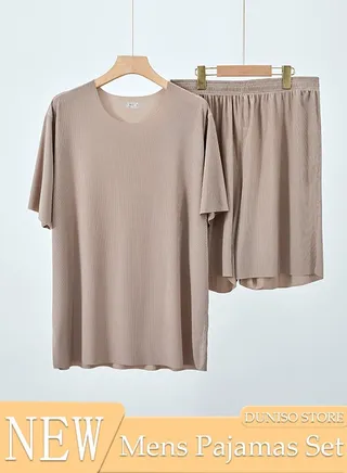 Men's 2pcs Pajama Set Short Sleeve Nightgown Sleepwear Breathable Loungewear Comfortable Round Neck Nightwear Summer Home Wear 