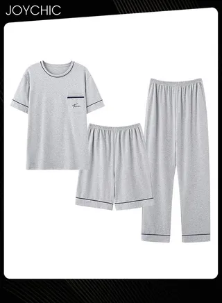 3 Piece Solid Color Men's Pajamas Short-sleeved +Shorts+ Trouser Set Casual Modal Breathable Wear-resistant Sleepwear Youth Homewear for Spring Summer Autumn Light Grey 