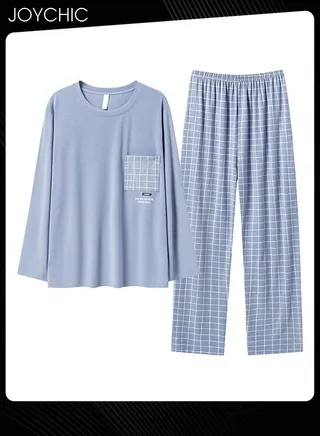 2-piece Spring and Autumn Mens Leisure Pajama Set Modal Skin-friendly Breathable Sweat-absorbent Home Clothes Plaid Pattern Long-sleeved Nightwear Blue 