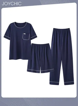 3 Piece Solid Color Men's Pajamas Short-sleeved +Shorts+ Trouser Set Casual Modal Breathable Wear-resistant Sleepwear Youth Homewear Suit for Spring Summer Autumn Dark Blue 