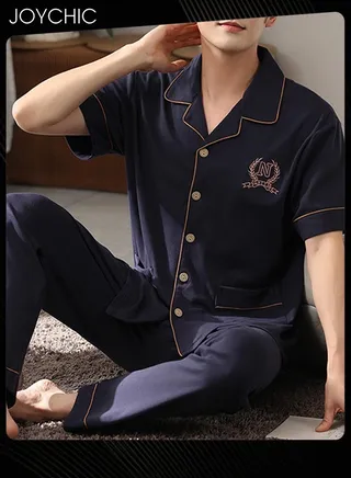 2-piece Leisure Spring Summer Autumn Men's Pajamas Set Pure Cotton Skin-friendly Short-sleeved Trousers Loose Youth Home Nightwear Breathable Cardigan Suit Dark Blue 