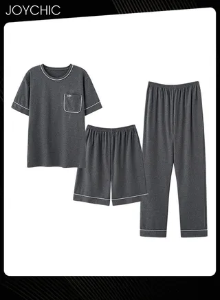 3 Piece Solid Color Men's Pajamas Short-sleeved +Shorts+ Trouser Set Casual Modal Breathable Wear-resistant Sleepwear Youth Homewear for Spring Summer Autumn Dark Grey 