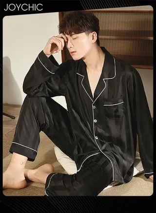 New Style Solid Pattern Laple Pajamas for Men Spring and Autumn Long-sleeved and Trousers with High Stretch Ice Silk  Youth Comfortable Breathable  Home Sleepwear Loungewear Black 