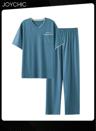 Leisure Sports Style Men's Pajamas Set Spring and Autumn Short-sleeved Sleepwear Modal Skin-friendly Quick-dying Pullover Home Clothes for Youth Blue 