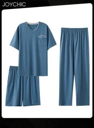3-piece Classic Spring and Autumn Pajamas Set for Men Modal Skin-friendly Short-sleeved Trousers Sleepwear Cotton Silk V Neck Home Clothes with Pockets Blue 