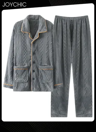 Coral Velvet Lapel Pajamas Set for Men Autumn and Winter Thickened and Velvet Warm Windproof Homewear Wear-resistant Long-sleeved Youth Bedroom Sleepwear Grey 