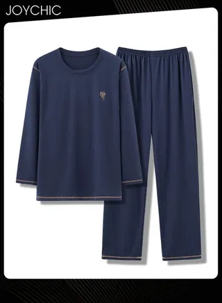 New Style 2-piece Spring and Autumn Winter Men's Pajamas Modal Skin-friendly Long Sleeve Youth Home Sleepwear Comfortable Breathable Loungewear Dark Blue 