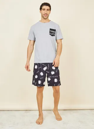 Contrast Slogan Print Pocket Crew Neck T-shirt and Coffee AOP Short Set 