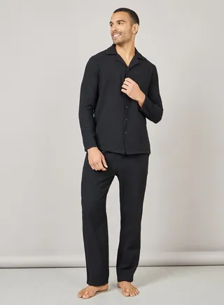 Linen Blend Revere Collar Shirt and Straight Pyjama Set 