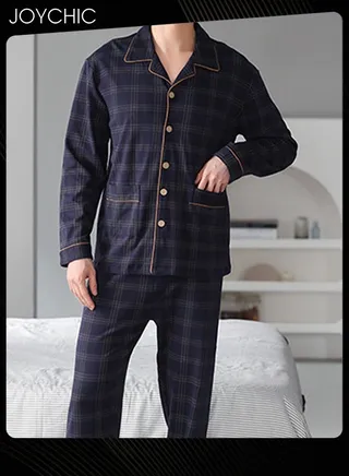 2-Piece of  Brief Men's Pajamas Set  Spring and Autumn Pure Cotton Long-sleeved Loose Neckline Design Cardigan Winter Comfortable Bedroom Sleepwear Dark Blue 