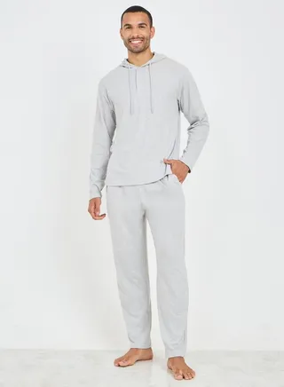 Solid Long Sleeve Hooded T- shirt and Pyjama Sleep Set 