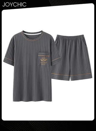 Mens Leisure Bedroom Sleepwear Summer Short Sleeved Short Pants Knitted Cotton Pajamas Set Youth Comfty Breathable Pullover Home Wear Grey 