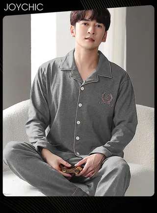 Classic Men's Bedroom Pajamas Set Pure Cotton Warm Windproof Long-sleeved Cardigan Home Wear Youth Lapel Sleepwear for Spring Autumn Winter Grey 