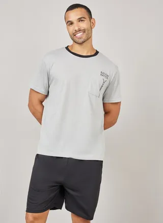 Contrast Crew Neck Printed Pocket Detail T-shirt and Short Set 