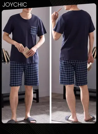 2-piece Men's Summer Modal Cotton Silk Pajama Set  Lattice Pattern Skin-friendly Breathable Home Sleepwear for Teenagers Men 