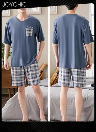 Men's Summer Modal Cotton Silk Pajama Set Short-sleeved Short Pants  Lattice Pattern Skin-friendly Breathable Home Sleepwear for Teenagers Men 