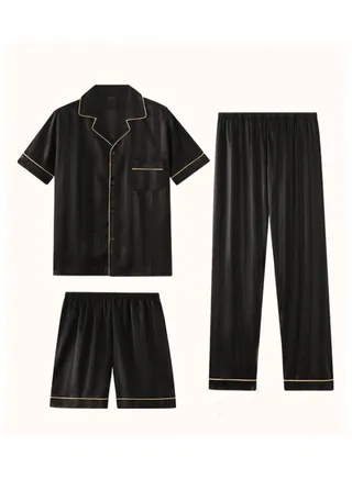 3-Piece Men's Casual Home Wear Men's Satin Printed Pajamas Suitable For Multiple Seasons Plus Size Loose Fit 