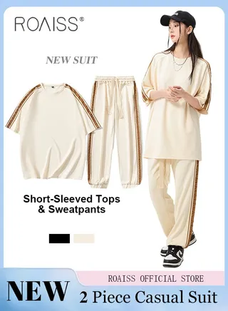 2 Pcs Unisex Casual Sportswear Set for Couples with Stylish Printed Design Short Sleeve T-Shirt and Loose-Fit Pants Combo Skin Friendly Fabric Soft and Breathable 