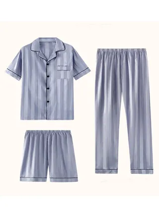 3-Piece Men's Casual Home Wear Men's Satin Printed Pajamas Suitable For Multiple Seasons Plus Size Loose Fit 
